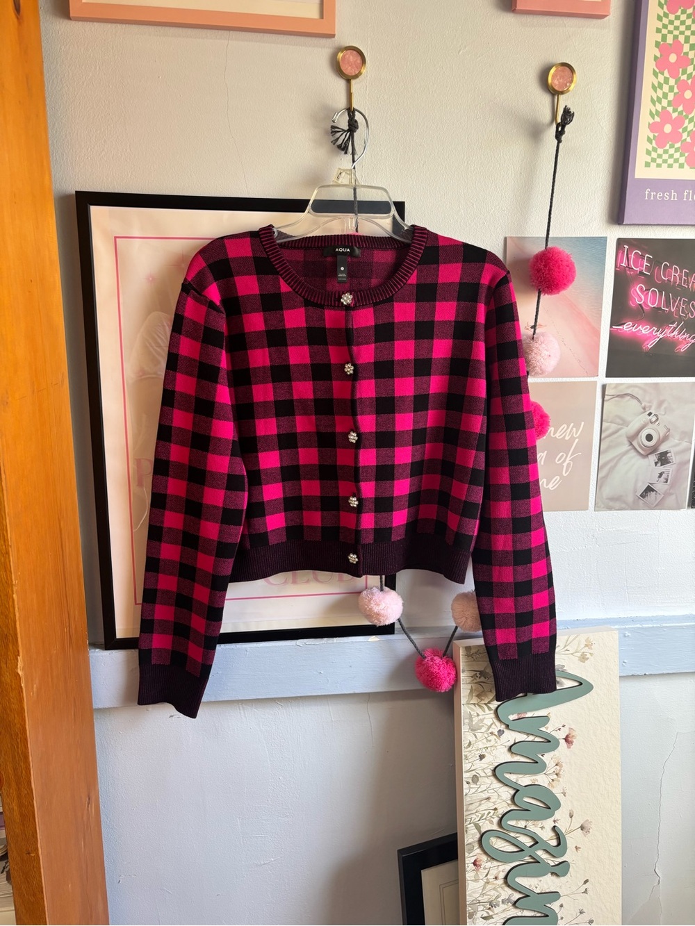 Aqua Pink and Black Buffalo Check Button-Front Cardigan